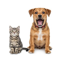 Obraz premium Adorable Kitten and Playful Puppy Posing Together Against White Background Awe-Inspiring Cutness Overload