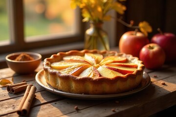 Golden-crusted apple tart, bathed in warm sunlight, sits on rustic wooden table, surrounded by autumnal fruit and fragrant cinnamon sticks