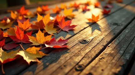 Autumn leaves scattered on a rustic wooden surface bathed in warm sunlight, creating a serene and picturesque fall scene.