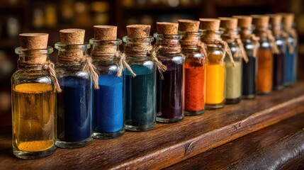 Row of Colorful Glass Bottles with Corks on Wooden Table, Representing Alchemy and Creative Exploration for Scientific Research and Pharmaceutical Development : Generative AI