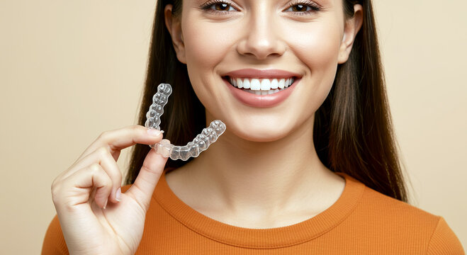 Smiling young caucasian female holding clear dental aligners against beige background