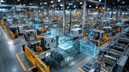 High Angle View of Automated Factory Floor with Data Visualization Overlays, Representing Industry 4.0 and Digital Transformation : Generative AI