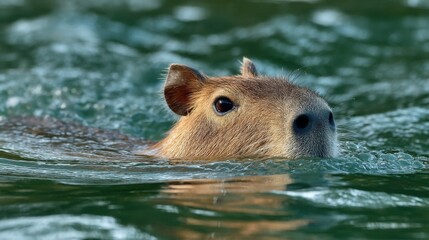 Capybara Swimming in Green Water, Representing Wildlife Conservation and Ecotourism, With a Focus on Animal Behavior and Natural Habitat : Generative AI