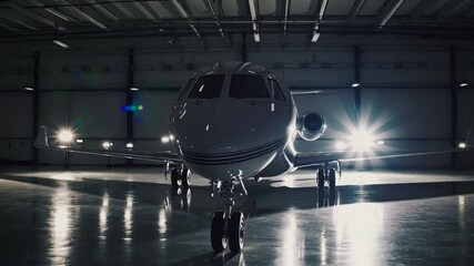A sleek private jet is parked inside a spacious hangar. Bright lights illuminate the aircraft, highlighting its modern design and polished surface. - Powered by Adobe