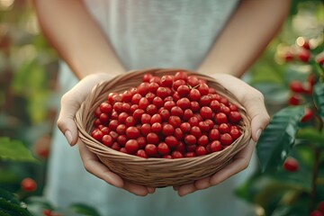 Close up woman hands hold harvest red seed in basket. Robusta arabica plant farm. Ripe red berries. Fresh coffee seed. Eco farm concept