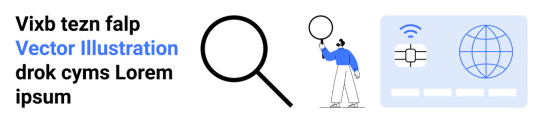 Man holding magnifying glass, digital search elements thumbs up globe and network card for analysis, research. Ideal for technology, networking, education, innovation, search, exploration simple