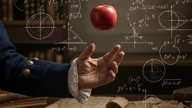 A Hand Hovering Over Mathematical Equations with a Floating Apple