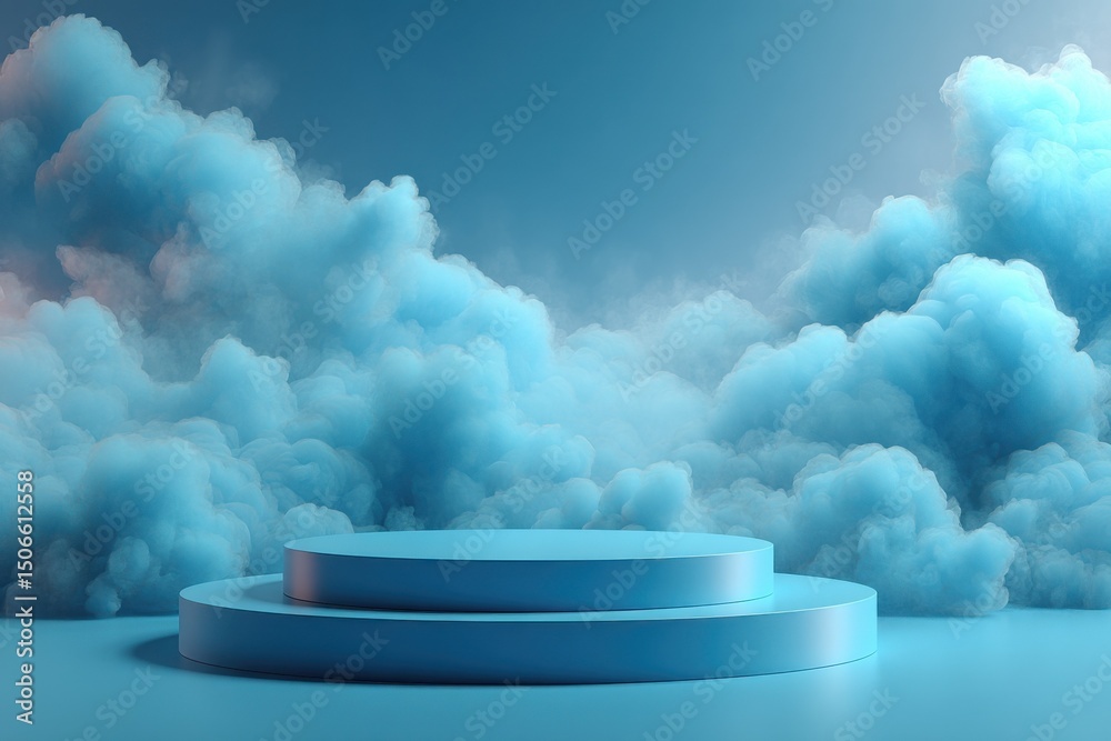Poster blue podium stage with soft clouds, ideal for product display and promoting innovation, creativity, 
