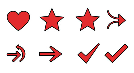 Design a set of monoline vector symbols on a white background Include a heart, star, arrow, and checkmark. Use a uniform thin stroke weight, clean curves, and precise geometric balance for a minimal