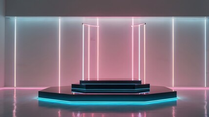 Illuminated neon podium on reflective floor 