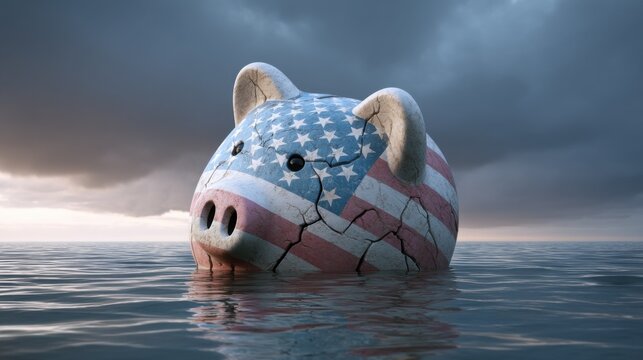 American Flag Piggy Bank Sinking in Ocean, Illustrating Financial Crisis and Economic Downturn, Representing Investment Risk and Market Volatility : Generative AI