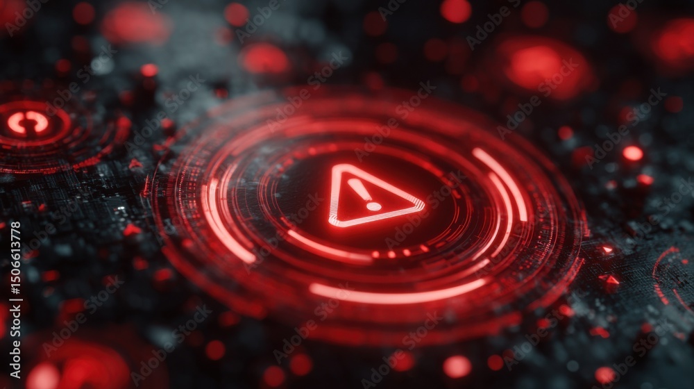 Aufkleber Glowing Red Warning Sign on Dark Circuit Board, Depicting Cyber Security Threat and Data Breach Vulnerability for Risk Management Solutions : Generative AI