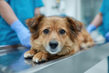 Worried Dog Awaiting Examination at the Vet, Representing Pet Healthcare and Veterinary Services for Animal Welfare and Responsible Pet Ownership : Generative AI