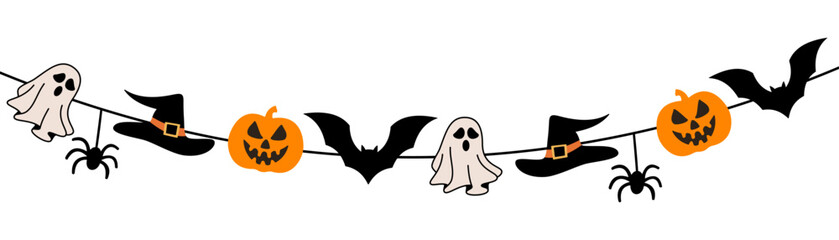 Flag with pumpkins, monsters, vampire bats, skulls and ghosts motif for Halloween decoration on transparent background
