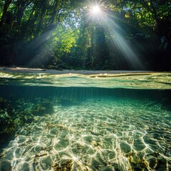 underwater view in a tropical river, with sunlight filtering through the water's surface. The clear and calm waters have visible ripples on top, and the trees cast shadows over