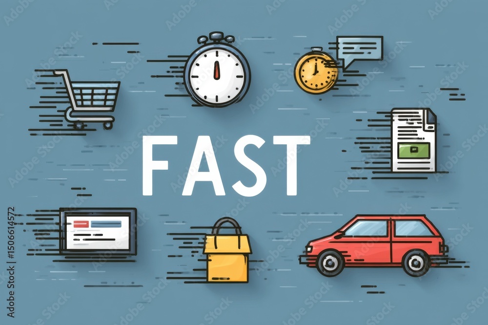 Poster stylized illustration of fast delivery icons, representing speed and efficiency in logistics and e-c