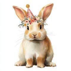 Fototapeta premium Watercolor Rabbit Wearing Party Hat and Floral Crown on White Background, Symbolizing Celebration and Festive Joy for Children's Birthday : Generative AI