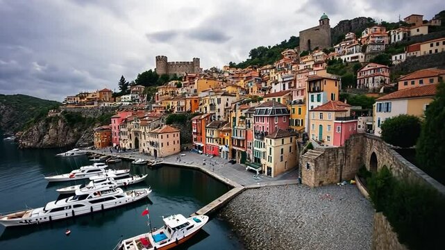 A picturesque coastal town with colorful buildings nestled along the shore, with boats bobbing in the water