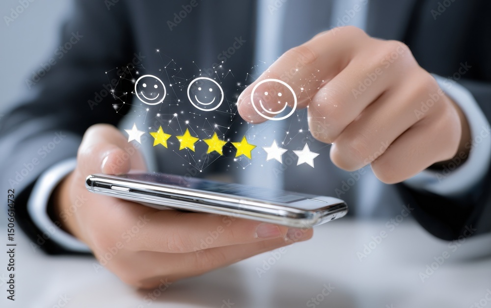 Aufkleber customer giving a three-star rating on a smartphone, illustrating feedback and online reputation man