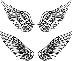 Set of illustrations of wings in engraving style. Gothic style wings tattoo. Design elements for logo, emblem, sign. Vector illustration