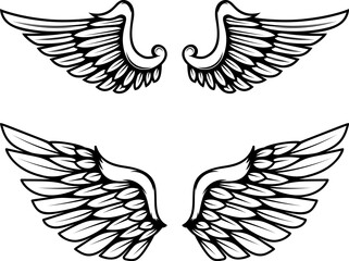 Set of illustrations of wings in engraving style. Gothic style wings tattoo. Design elements for logo, emblem, sign. Vector illustration