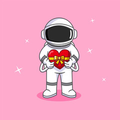 Astronaut in Space Holding a Heart Shaped Gift Vector Illustration Cartoon Design