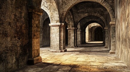 Fototapeta premium A long, dimly lit stone corridor with arched ceilings and pillars, receding into darkness; sunlight streams in from an unseen opening, illuminating the floor