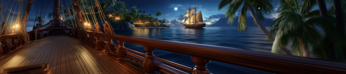 Luxury Yacht Sailing at Tropical Sunset near Exotic Island Coastline