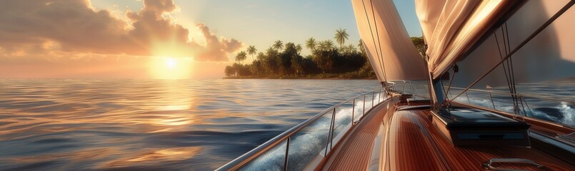 Luxury Yacht Sailing at Tropical Sunset near Exotic Island Coastline