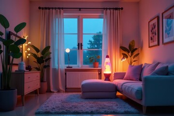 Serene Evening Ambiance in a Living Room with Soft Lighting and Plush Seating