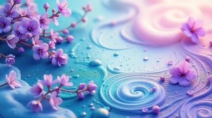 Delicate blossoms gracefully adorn a swirling, pastel-hued surface, glistening with morning dew.
