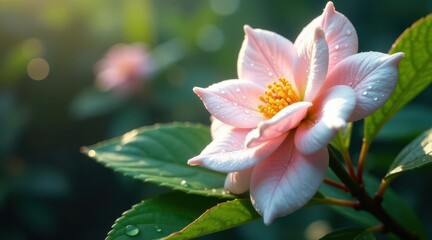 A delicate pink flower blossom, adorned with morning dew, basks in the soft sunlight, its petals gently unfurling against a backdrop of lush green foliage.