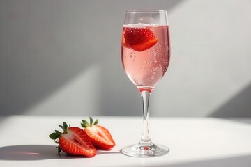A refreshing pink beverage with strawberry garnish in a clear glass, illuminated by sunlight on a bright surface, alongside halved strawberries.