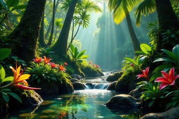 Serene Tranquility Sunbeams Illuminate Lush Tropical Paradise with Vibrant Blossoms and a Gently Flowing Creek