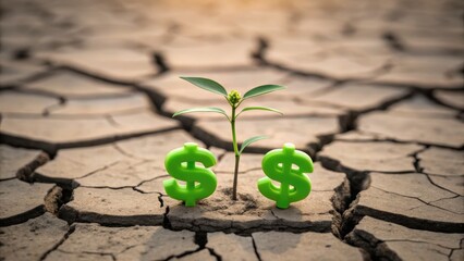 A green plant emerges from cracked soil, flanked by dollar signs, symbolizing the intersection of nature and finance.