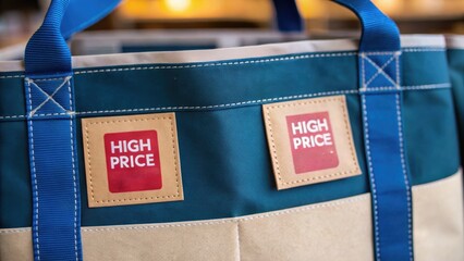 A close-up of a blue and beige bag featuring labels that read "HIGH PRICE," suggesting a focus on retail or branding.