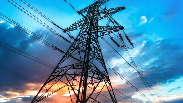 Tall electricity pylon silhouetted against a vibrant sunset sky