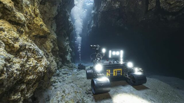 An underwater robotic rover explores a rocky ocean floor surrounded by high cliffs and illuminated by sunlight from above.