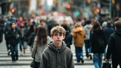 Teenage boy in a crowded city street