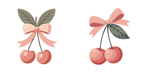 Two cherries with a bow coquette. A charming bow coquette with a pink ribbon and red cherries on a light background. A delightful Valentine's Day present.