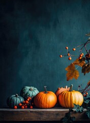 Autumnal pumpkins and berries on a rustic wooden surface