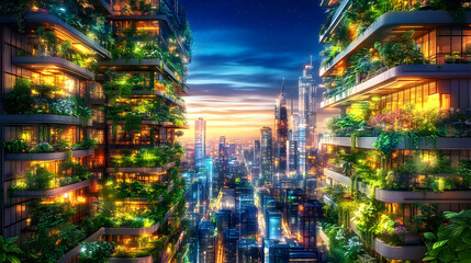 Obraz premium Verdant cityscape at twilight, showcasing a futuristic, vertical garden skyscraper.