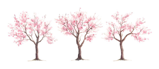 Watercolor illustration of three cherry blossom trees with pink flowers isolated on transparent background
