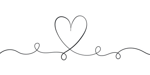 Fototapeta premium Hand drawn continuous of heart. Lineart romantic logo, icon, valentine element in trendy doodle style. love nubes art for wedding, birthday. Outline coquette vector illustration on white background.