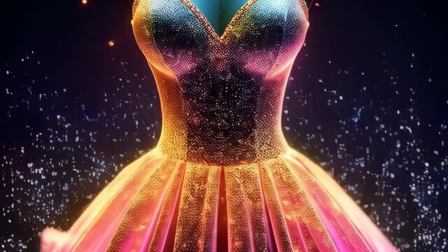 Elegant strapless gown with flowing skirt on mannequin featuring vibrant gradients of pink, blue, and orange with glitter effect