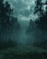 Misty forest path under a stormy sky