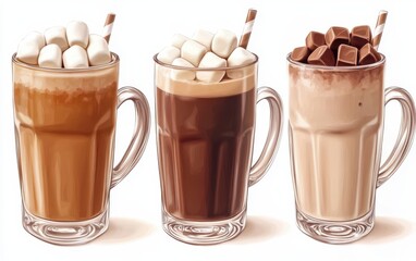 Three mugs of warm beverages; one with marshmallows, one with chocolate chunks, and one with both; all topped with straws