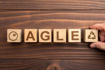 Agile methodology with recycling concept on wooden blocks