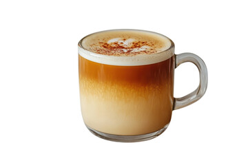 Fototapeta premium Delicious Latte Art in Clear Glass Mug with Creamy Foam and Cinnamon Sprinkle on a Black on transparent background