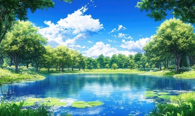 Fototapeta premium Serene, sun-drenched forest pond reflecting a vibrant blue sky, dotted with fluffy white clouds and lush green foliage